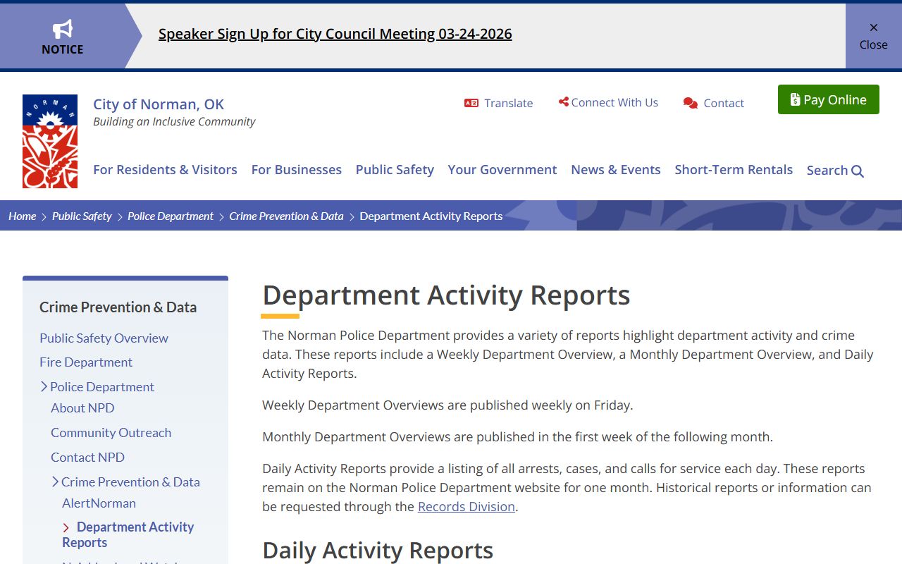 Norman 72 hour booking police daily activity reports page