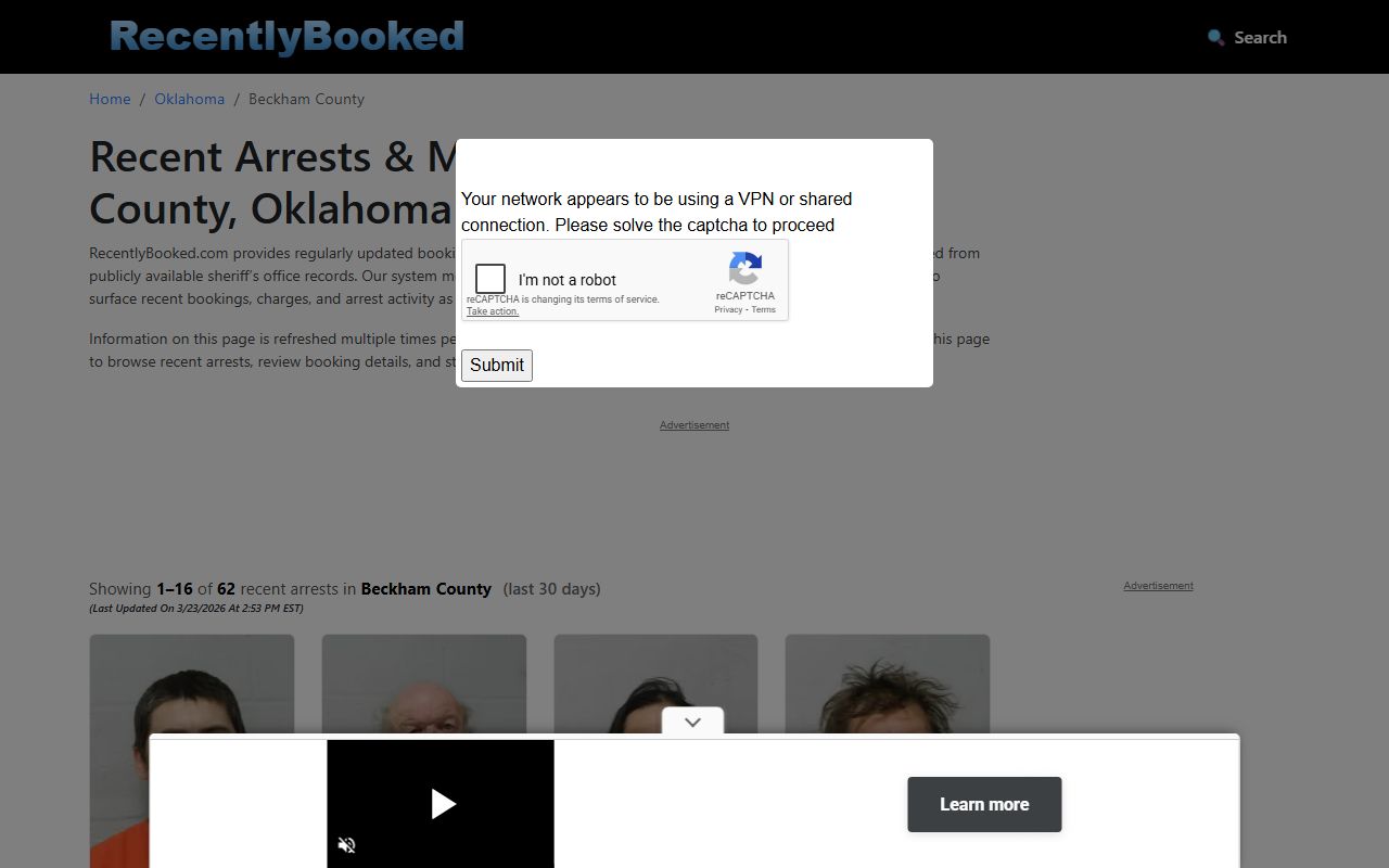 Beckham County 72 hour booking recently booked