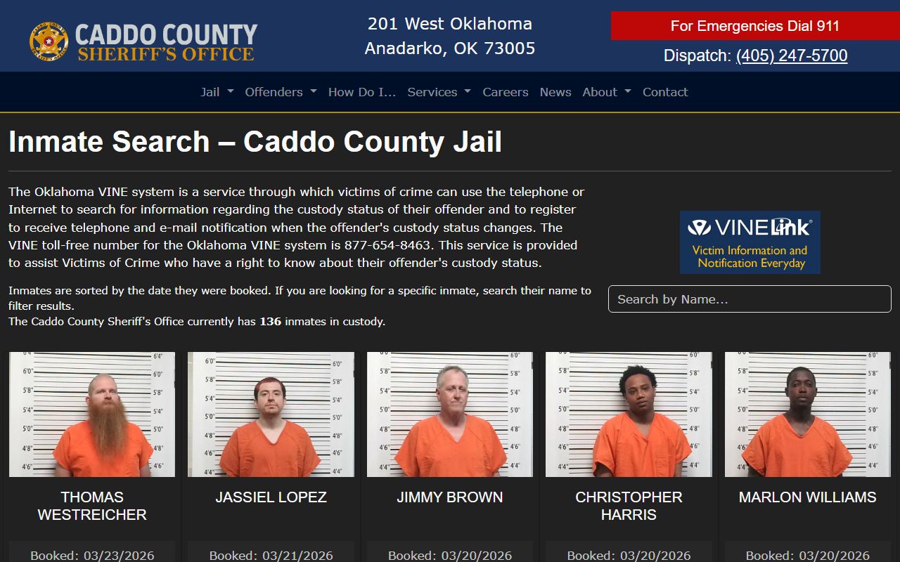 Caddo County 72 hour booking inmate search page