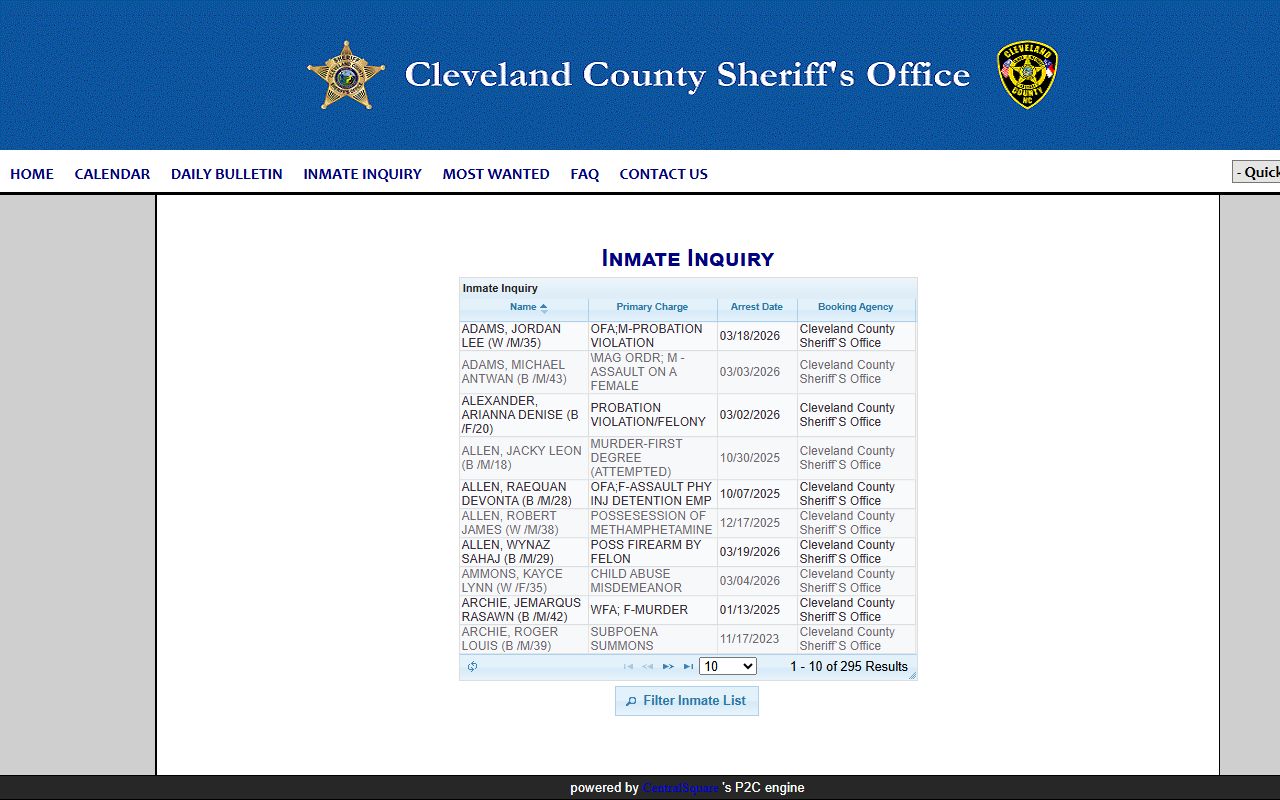 Cleveland County 72 hour booking P2C inmate inquiry system
