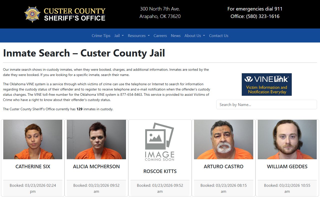 Custer County 72 hour booking inmate search page