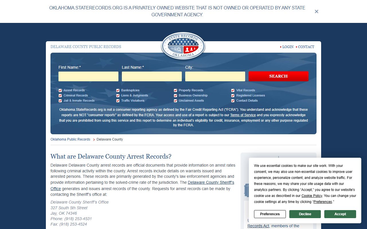 Delaware County 72 hour booking state records page