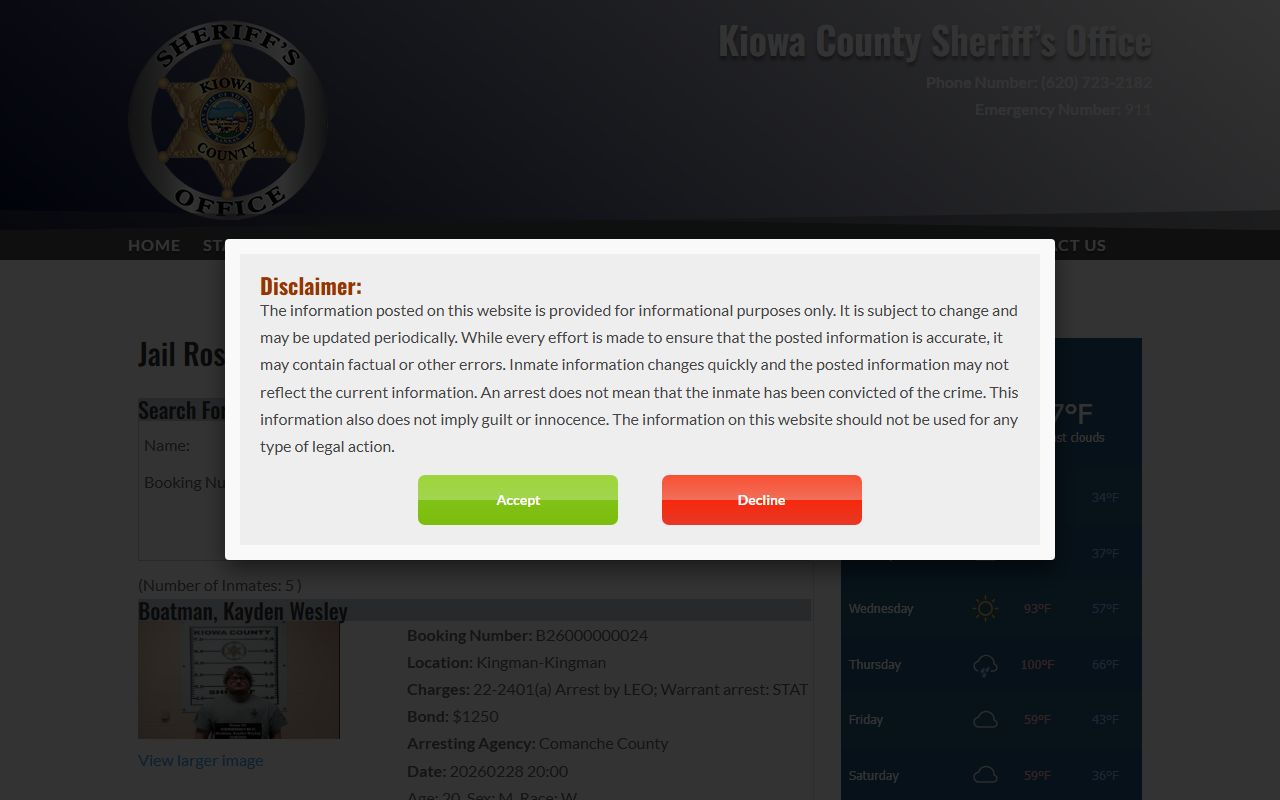 Kiowa County 72 hour booking active jail roster