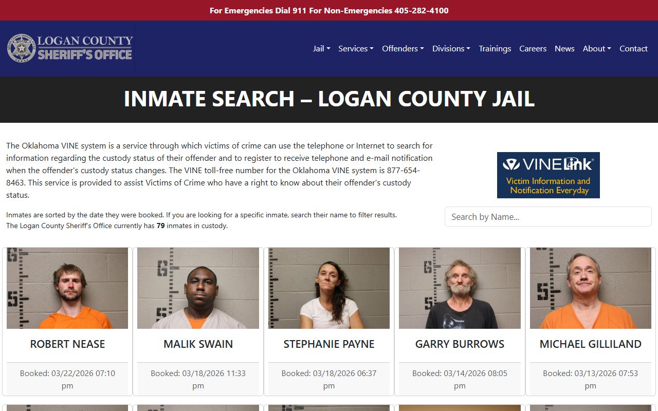 Logan County 72 hour booking Sheriff inmate search page