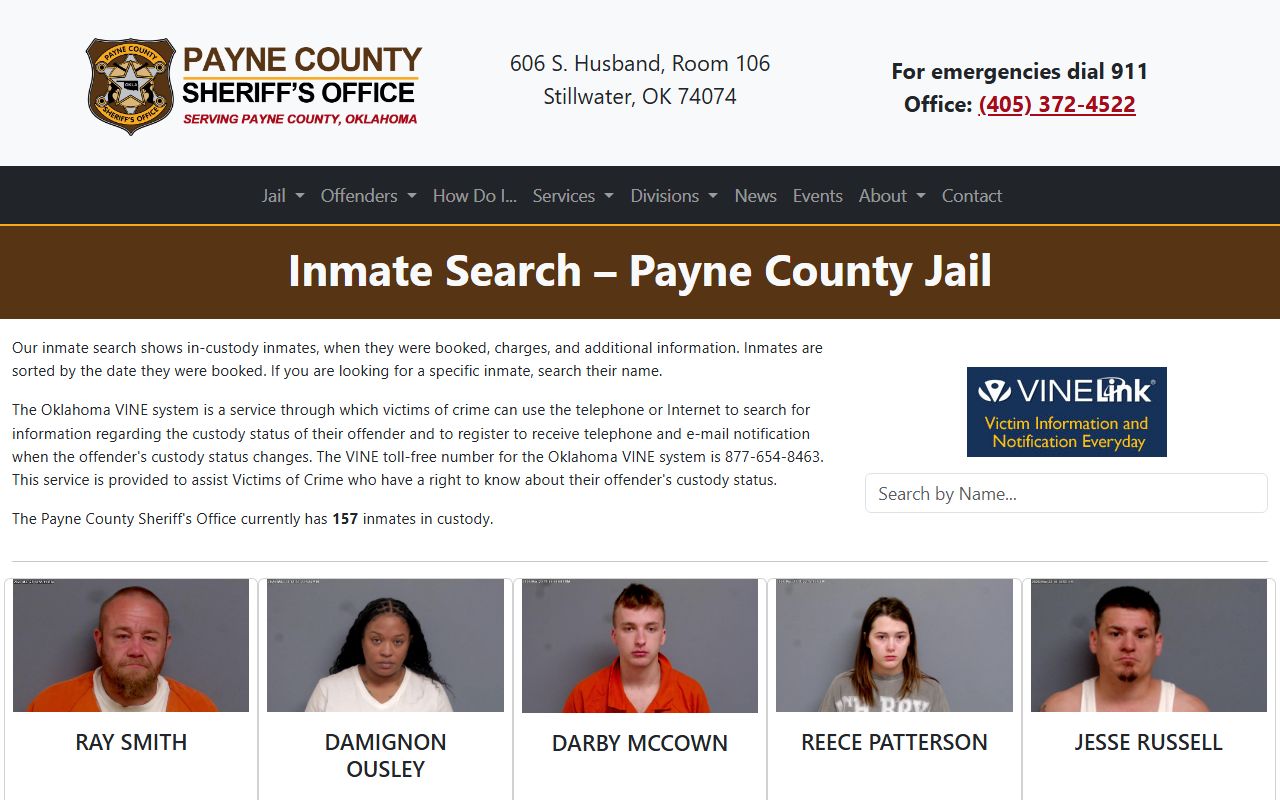 Payne County 72 hour booking inmate search page