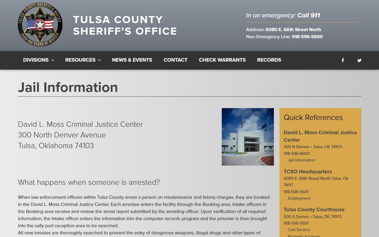 Tulsa County 72 hour booking David L. Moss Criminal Justice Center jail information