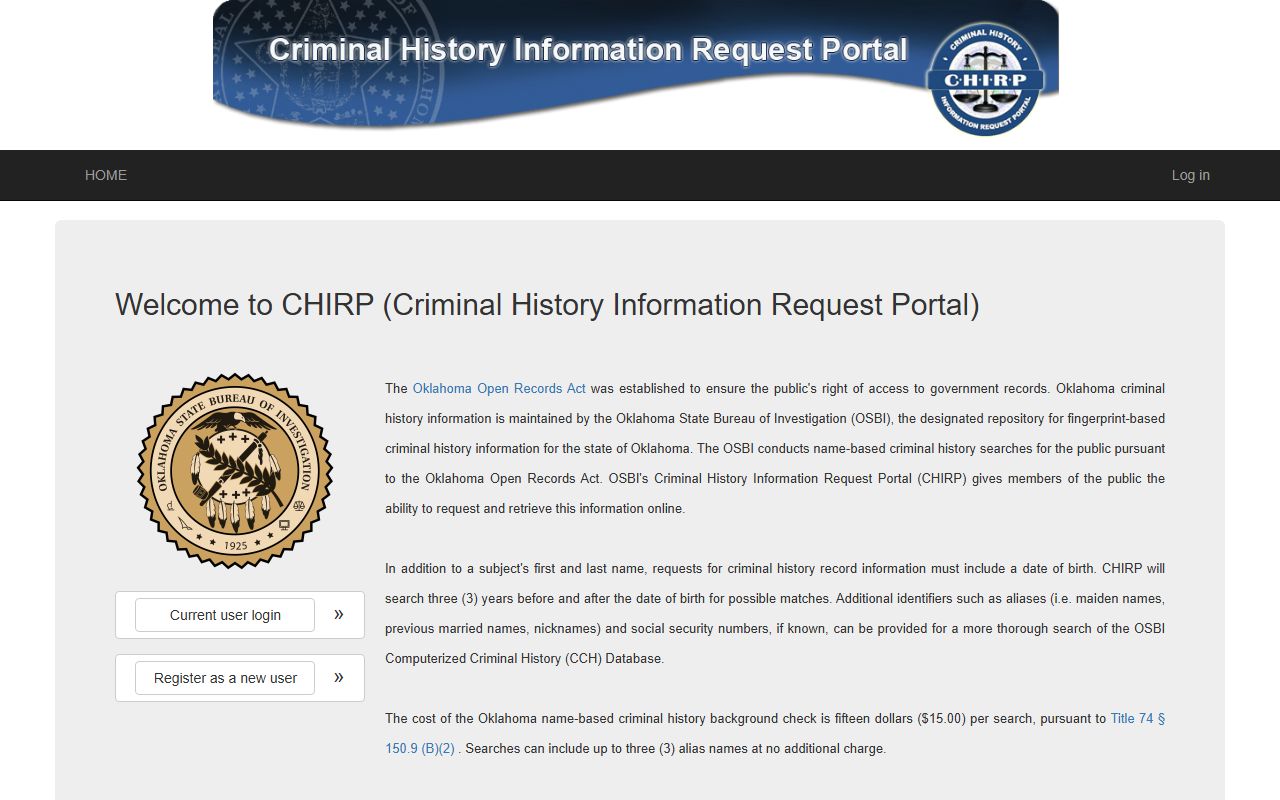 Oklahoma 72 hour booking CHIRP criminal history portal