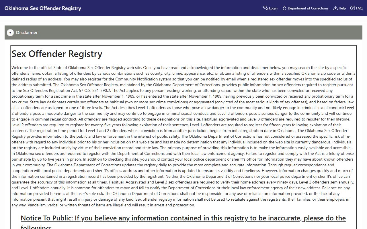 Oklahoma 72 hour booking sex offender registry search